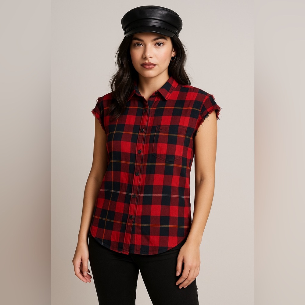 Dickies Women’s Red Navy Plaid Cutoff Flannel Shirt L Sleeveless Biker Grunge